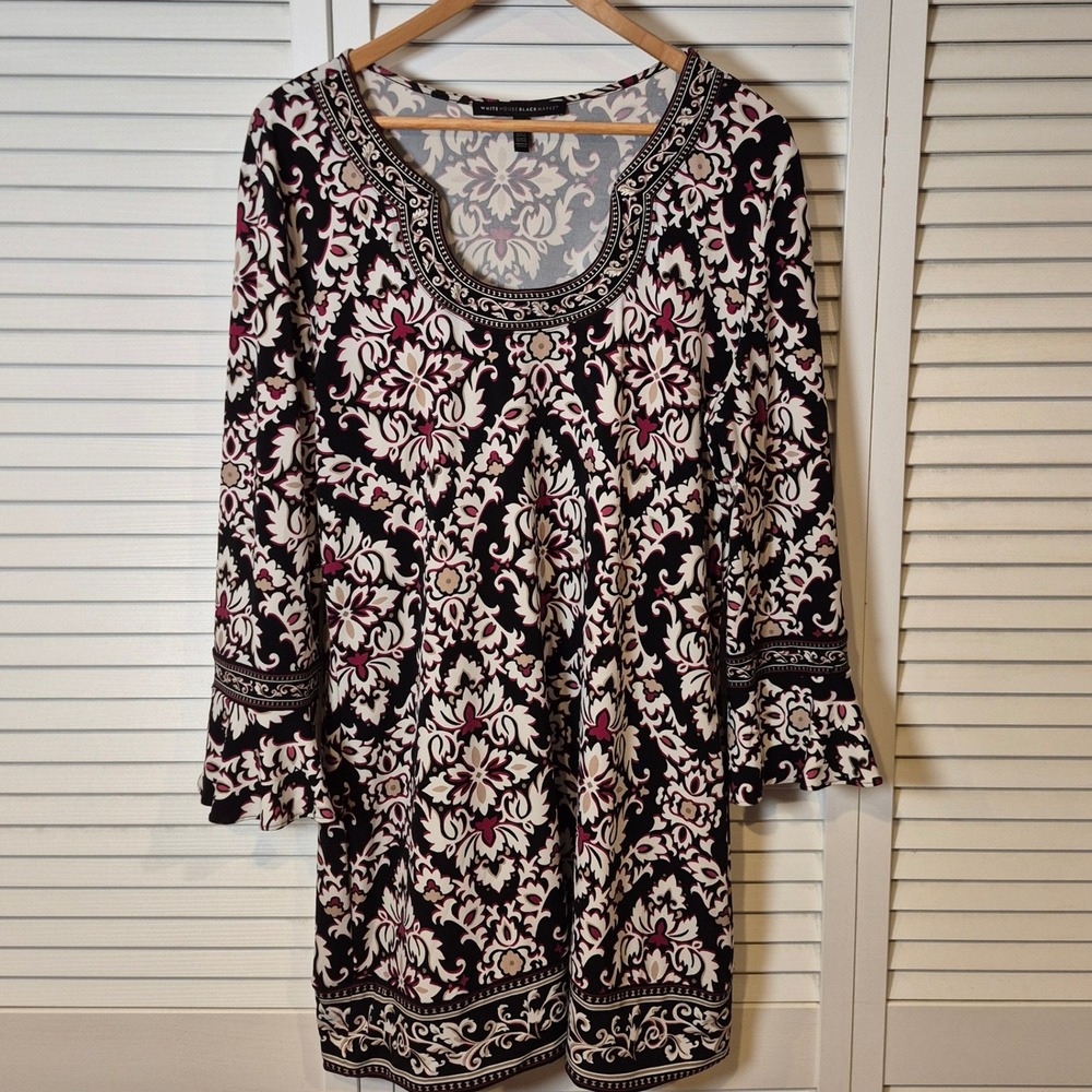 White House Black Market Dress L Black Pink Paisley Scoop Neck 3/4‎ Sleeve Boho